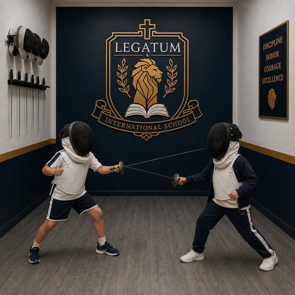 Duas crianças praticando esgrima na Legatum, diante do brasão da escola e do mural com os valores Discipline, Honor, Courage, Excellence