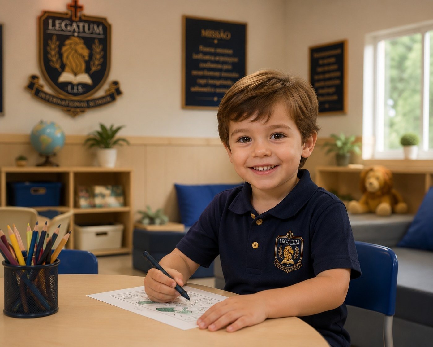Aluno da Educação Infantil da Legatum sorrindo enquanto desenha, em sala com o brasão da escola na parede