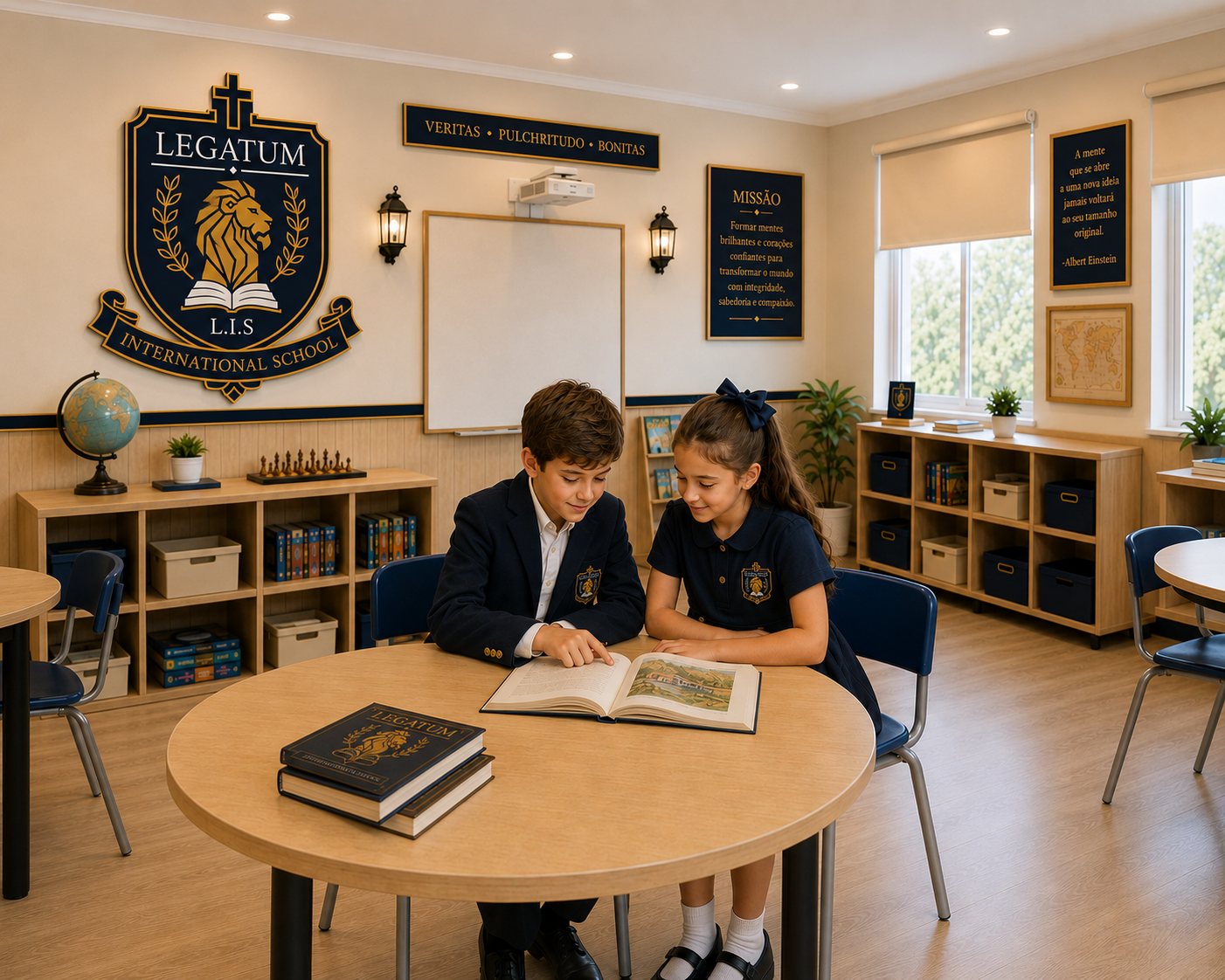 Dois alunos da Legatum lendo juntos em sala de aula, com o brasão da escola na parede ao fundo